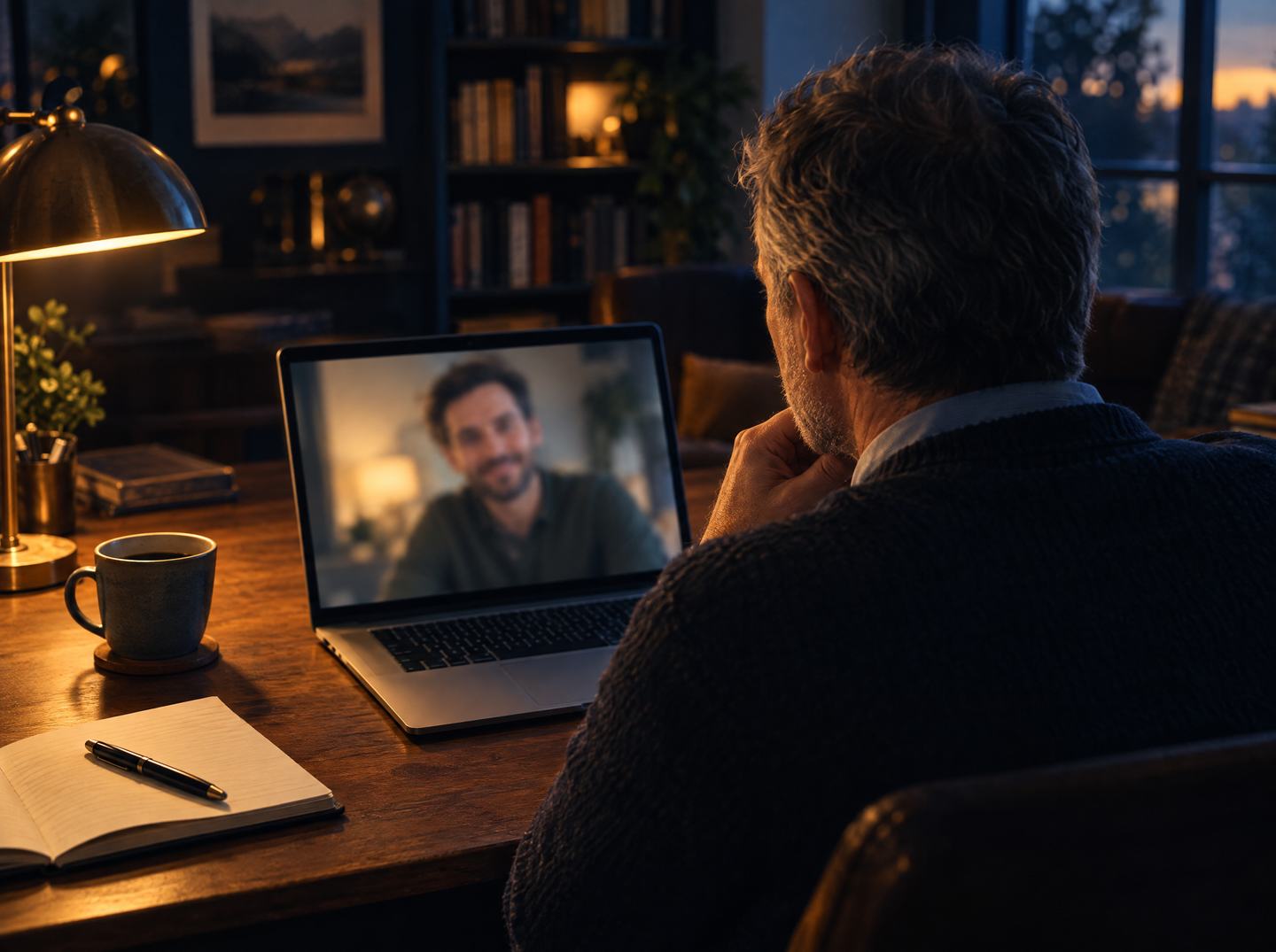 Ein Mann sitzt am Schreibtisch vor seinem Laptop, im Videogespräch.