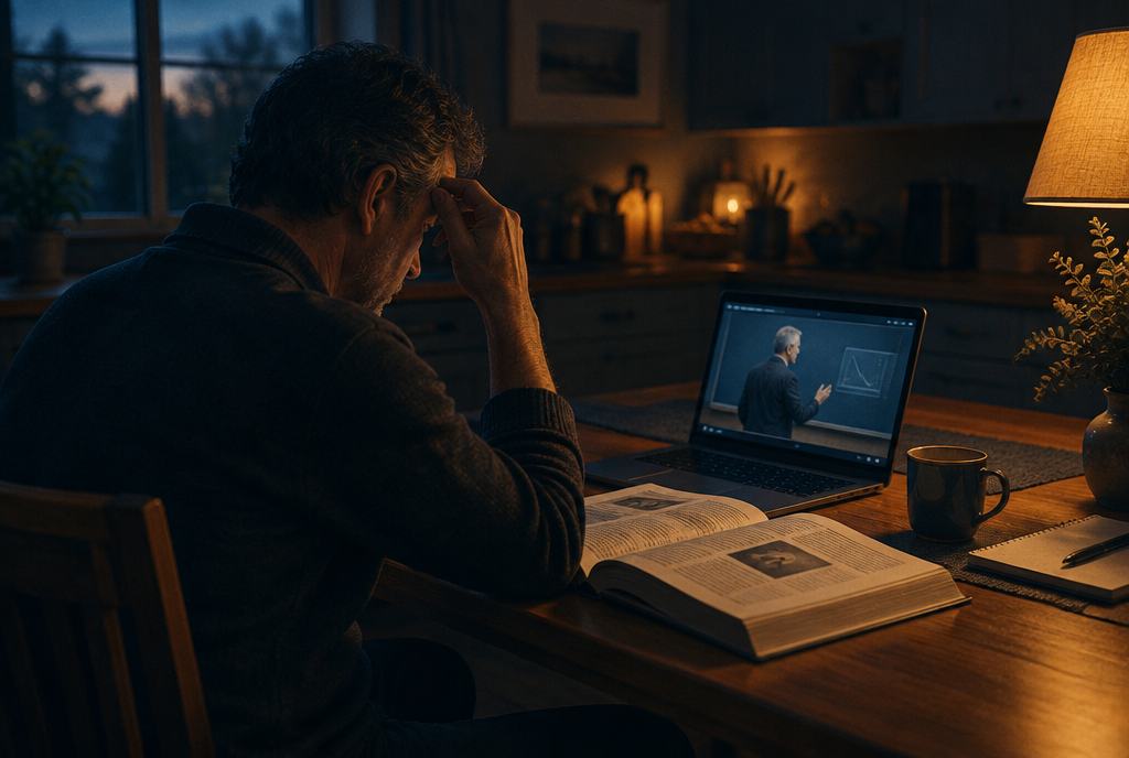 Ein Mann sitzt abends allein am Küchentisch, vor ihm ein aufgeschlagenes Lehrbuch und ein Laptop.