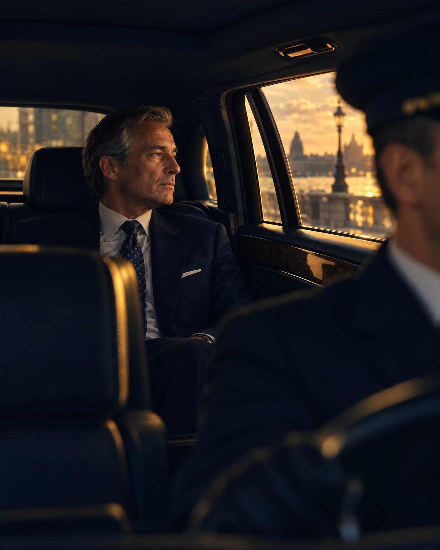 Ein Mann sitzt allein auf der Rückbank und schaut aus dem Seitenfenster. Vorne fährt ein Chauffeur.